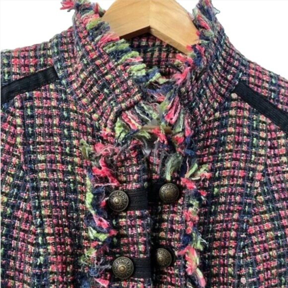 Y2K Womens Tweed Multicolor Boucle Blazer Jacket Military Style Navy Pink XS - Picture 2 of 9